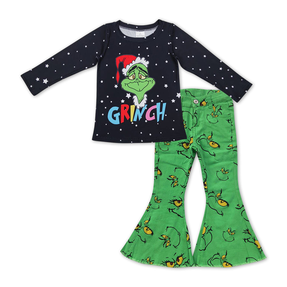 GLP1011 Christmas Green Frog Denim Bell Jeans Girls Clothes Set