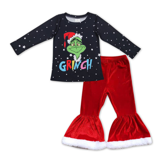 GLP1012 Christmas Frog Black Top Red Velvet Bell Pants Girls Clothes Set