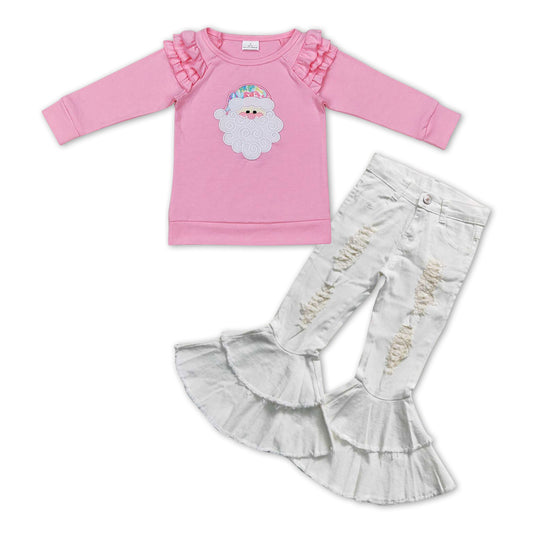 GLP1017 Pink Santa Embroidery Ruffles Top White Denim Bell Jeans Girls Christmas Clothes Set