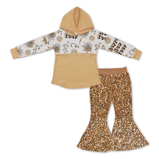 GLP1022 Smiling Face Flowers Hoodie Top Sequin Bell Pants Girls Champagne Happy New Year Clothes Sets