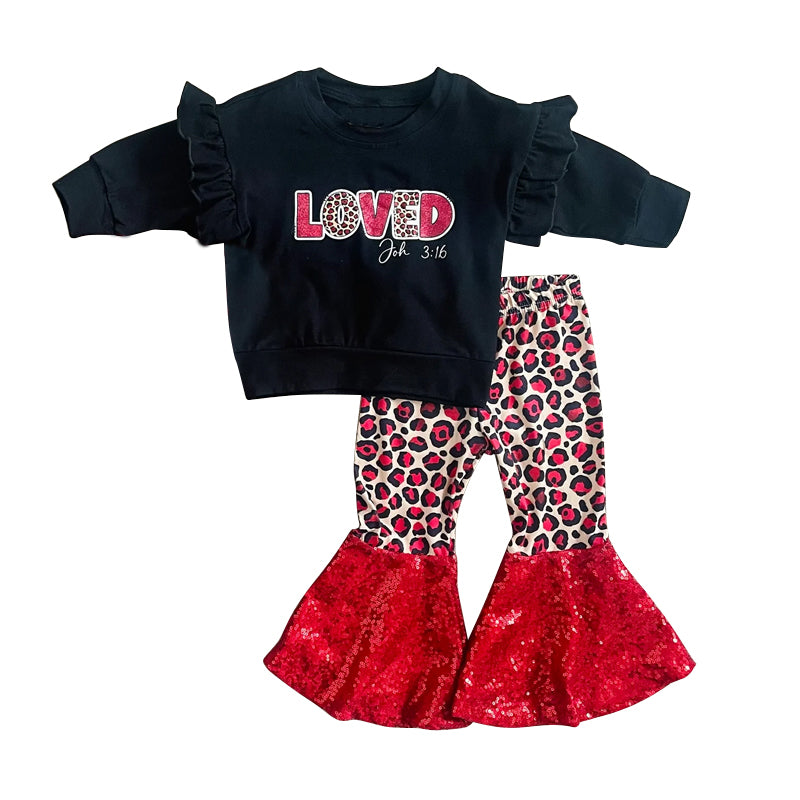 (Pre-order)GLP1037 LOVE Print Black Top Leopard Bell Pants Girls Valentine's Clothes Set