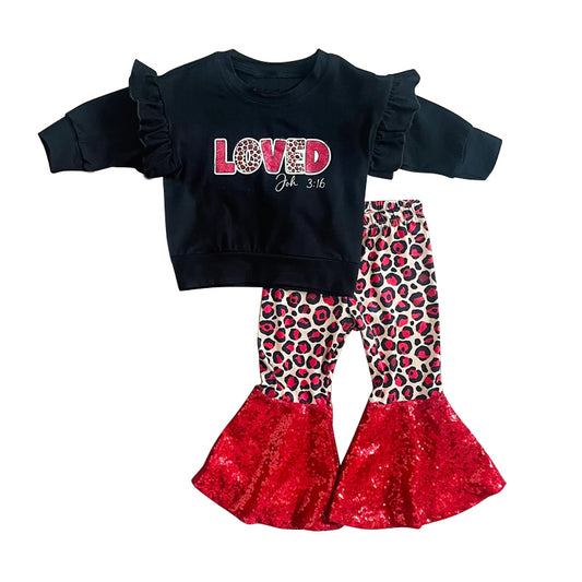 (Pre-order)GLP1037 LOVE Print Black Top Leopard Bell Pants Girls Valentine's Clothes Set