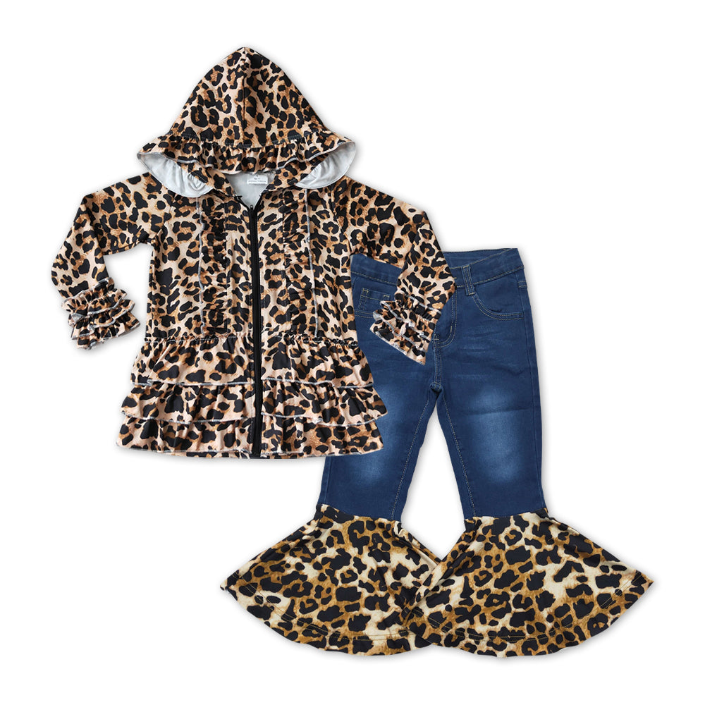 GLP1040 Leopard Print Hooded Ruffles Jackets Top Blue Denim Jeans Girls Clothes Set