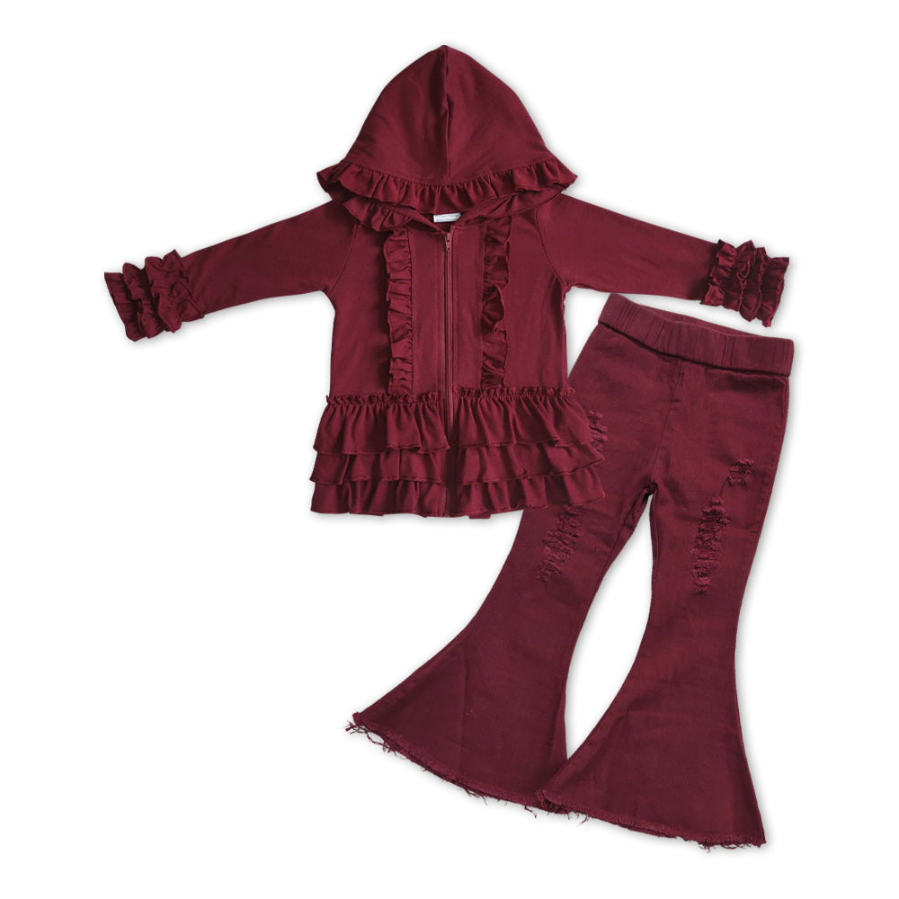 GLP1042 Wine Hooded Ruffles Jackets Top Denim Hole Jeans Girls Clothes Set