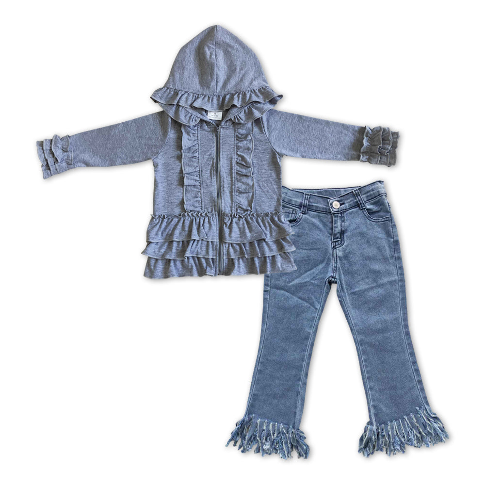 GLP1043 Grey Hooded Ruffles Jackets Top Denim Tassels Jeans Girls Clothes Set