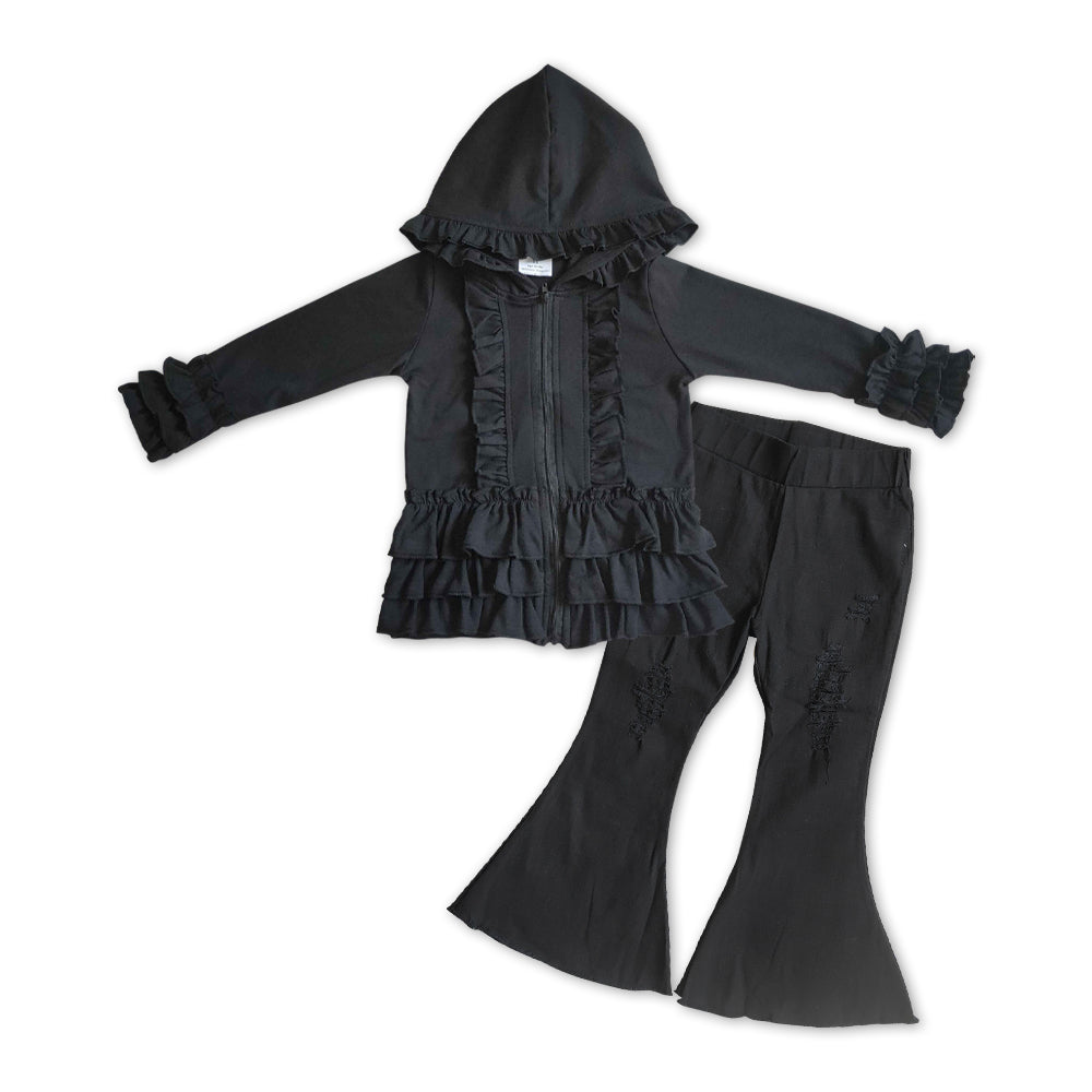 GLP1044 Black Hooded Ruffles Jackets Top Denim Hole Jeans Girls Clothes Set