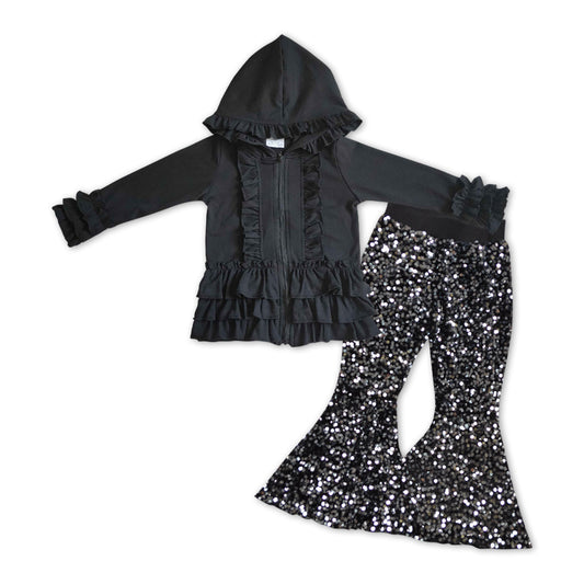 GLP1045 Black Hooded Ruffles Jackets Top Sequin Bell Pants Girls Clothes Sets