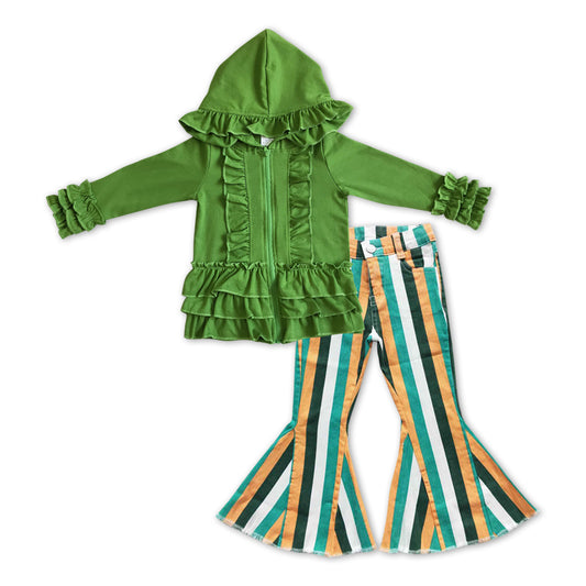 GLP1046 Green Hooded Ruffles Jackets Top Denim Stripes Jeans Girls Clothes Set