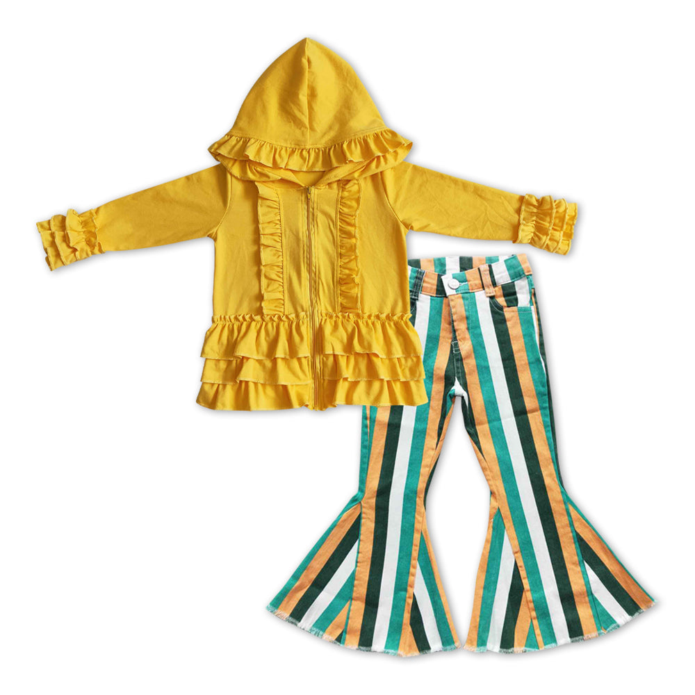 GLP1047 Yellow Hooded Ruffles Jackets Top Denim Stripes Jeans Girls Clothes Set