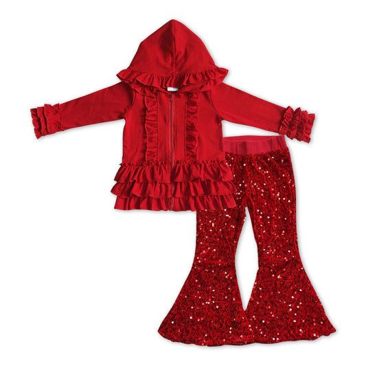 GLP1048 Red Hooded Ruffles Jackets Top Sequin Bell Pants Girls Clothes Sets