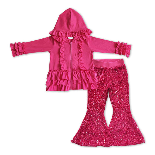GLP1049 Hot Pink Hooded Ruffles Jackets Top Sequin Bell Pants Girls Clothes Sets