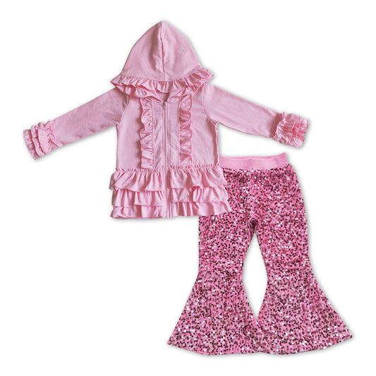 GLP1050 Pink Hooded Ruffles Jackets Top Sequin Bell Pants Girls Clothes Sets