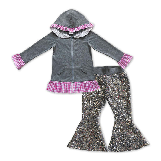 GLP1051 Grey Hooded Ruffles Jackets Top Sequin Bell Pants Girls Clothes Sets
