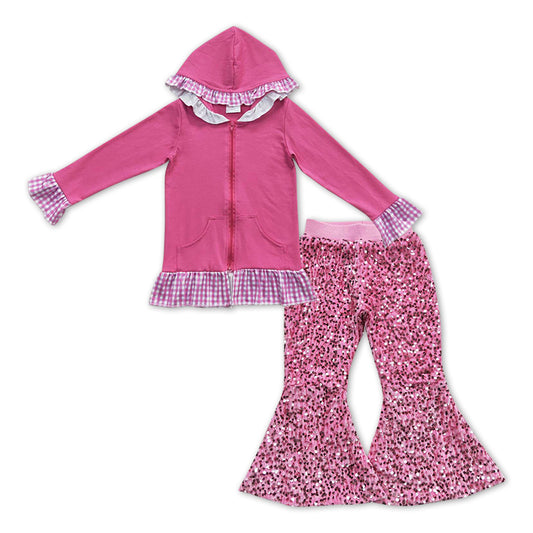 GLP1052 Pink Hooded Ruffles Jackets Top Sequin Bell Pants Girls Clothes Sets