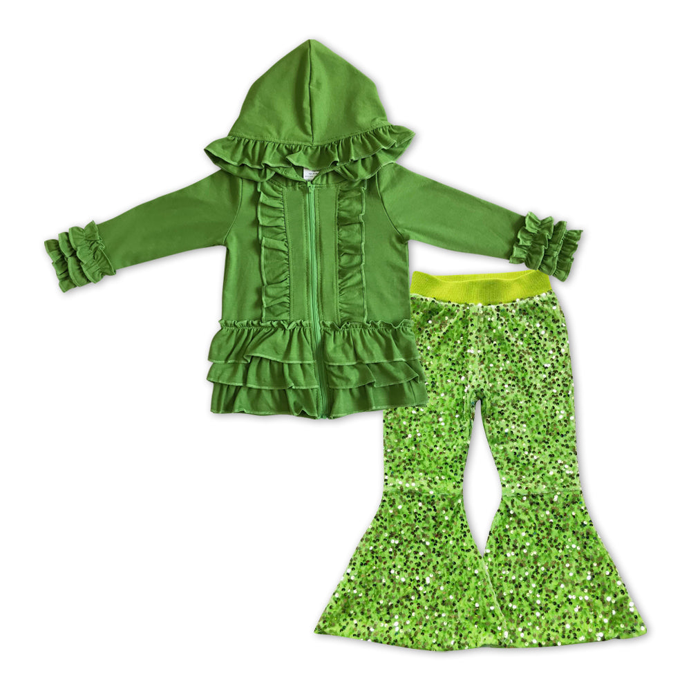 GLP1056 Green Hooded Ruffles Jackets Top Sequin Bell Pants Girls Clothes Sets