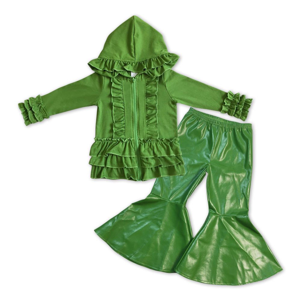 GLP1057 Green Hooded Ruffles Jackets Top Leather Bell Pants Girls Clothes Sets