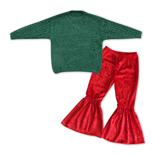 GLP1058 Green Sweater Top Red Velvet Bell Pants Girls Christmas Clothes Set