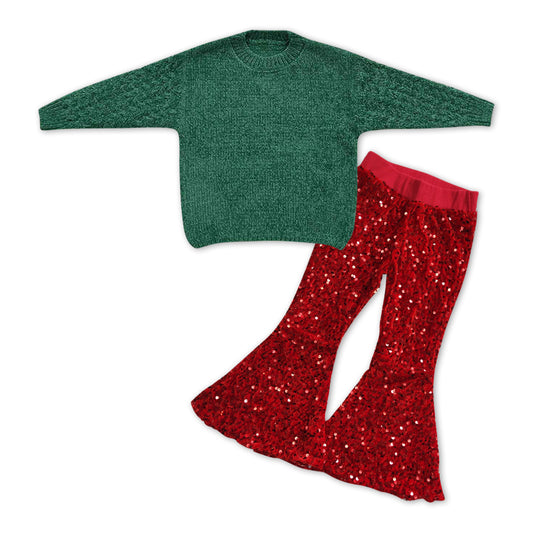 GLP1059 Green Sweater Top Red Sequin Bell Bottom Pants Girls Christmas Clothes Set