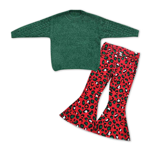 GLP1060 Green Sweater Top Red Leopard Denim Bell Jeans Girls Christmas Clothes Set