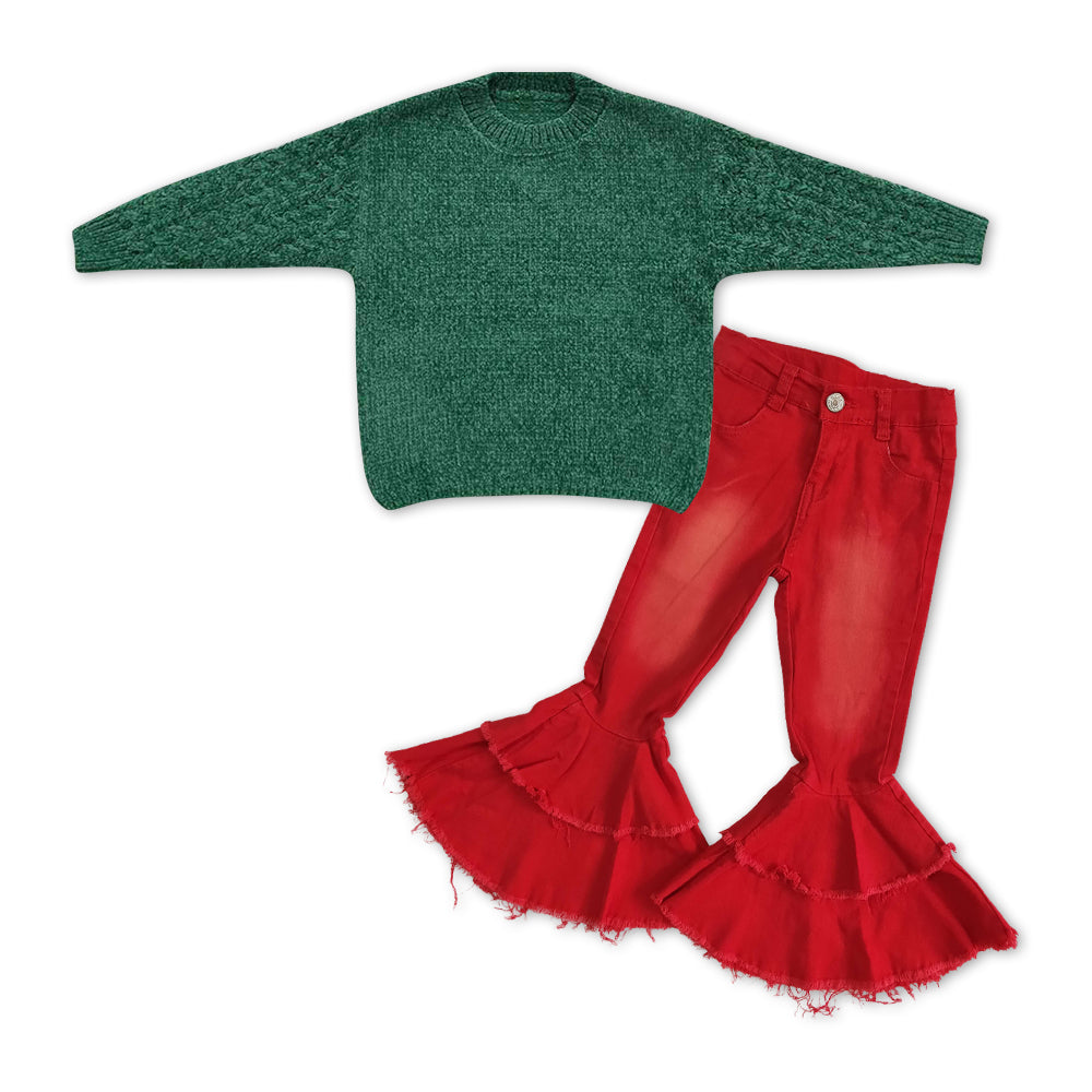 GLP1061 Green Sweater Top Red Denim Bell Jeans Girls Christmas Clothes Set