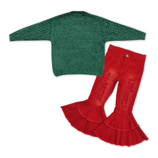 GLP1062 Green Sweater Top Red Hole Denim Bell Jeans Girls Christmas Clothes Set