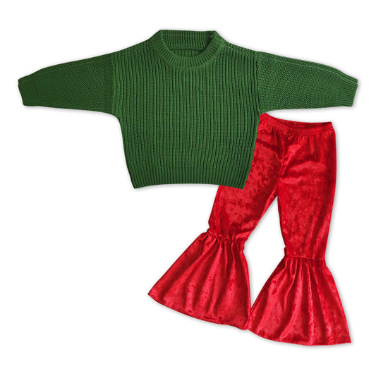 GLP1063 Green Sweater Top Red Velvet Bell Bottom Pants Girls Christmas Clothes Set