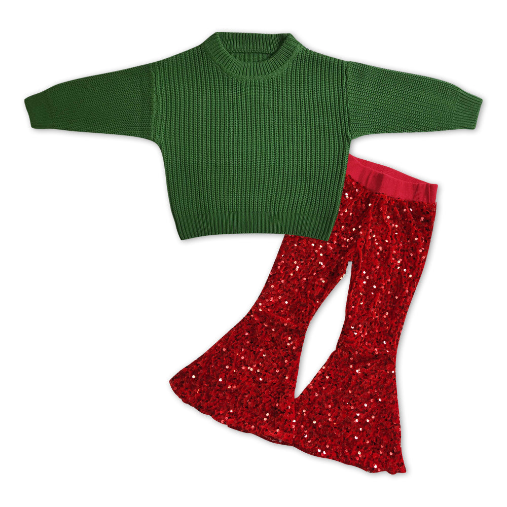 GLP1064 Green Sweater Top Red Sequin Bell Bottom Pants Girls Christmas Clothes Set