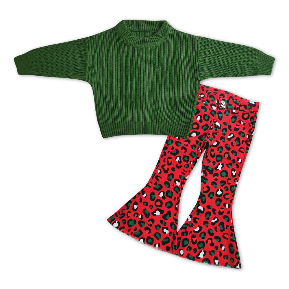 GLP1065 Green Sweater Top Red Leopard Denim Bell Jeans Girls Christmas Clothes Set