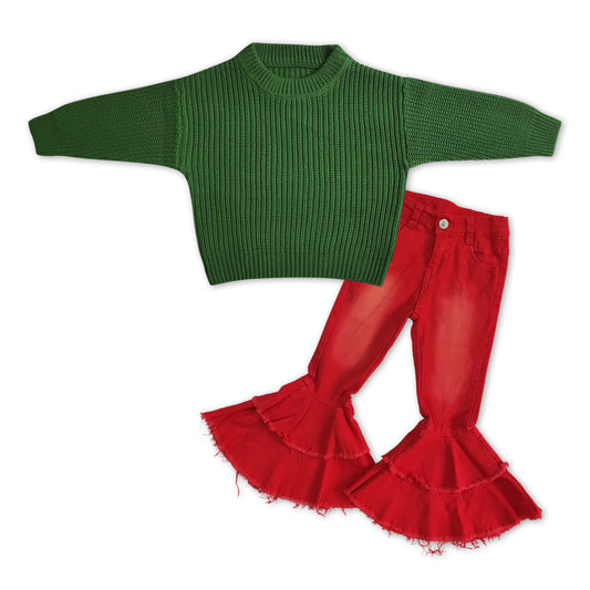 GLP1066 Green Sweater Top Red Denim Bell Jeans Girls Christmas Clothes Set