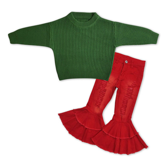 GLP1067 Green Sweater Top Red Hole Denim Bell Jeans Girls Christmas Clothes Set