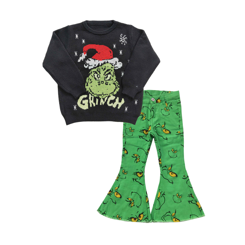 GLP1069 Black Christmas Frog Print Sweater Top Denim Bell Jeans Girls Clothes Set
