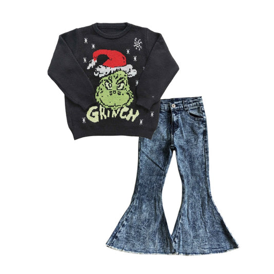 GLP1070 Black Christmas Frog Print Sweater Top Denim Bell Jeans Girls Clothes Set