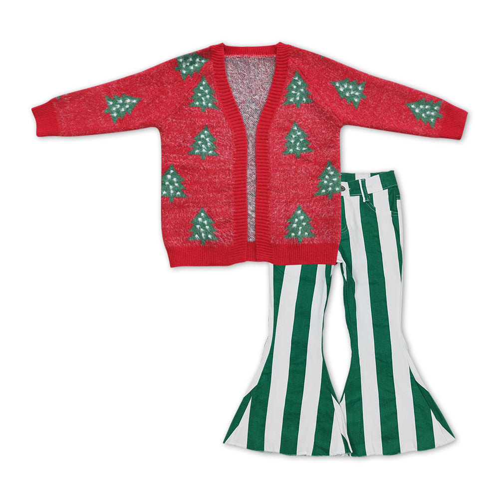 GLP1071 Red Christmas Tree Sweater Cardigan Top Stripes Denim Bell Bottom Pants Girls Clothes Set