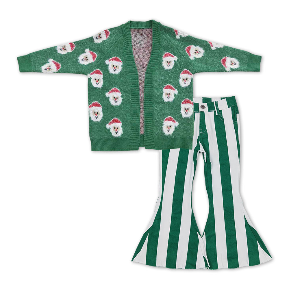 GLP1072 Green Christmas Santa Sweater Cardigan Top Stripes Denim Bell Bottom Pants Girls Clothes Set
