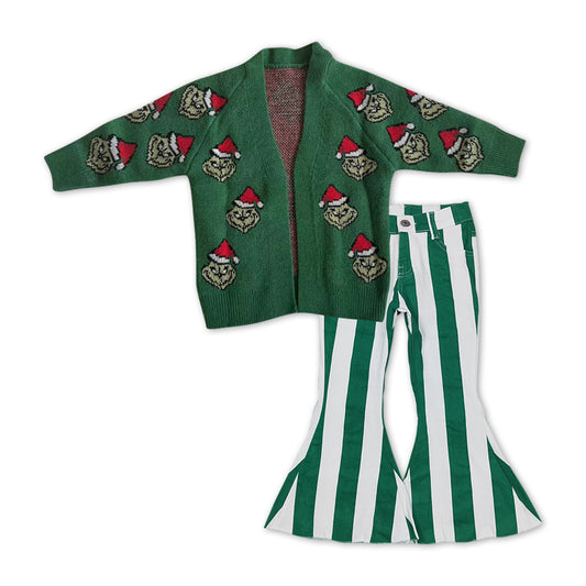 GLP1073 Christmas Frog Sweater Cardigan Top Stripes Denim Bell Bottom Pants Girls Clothes Set