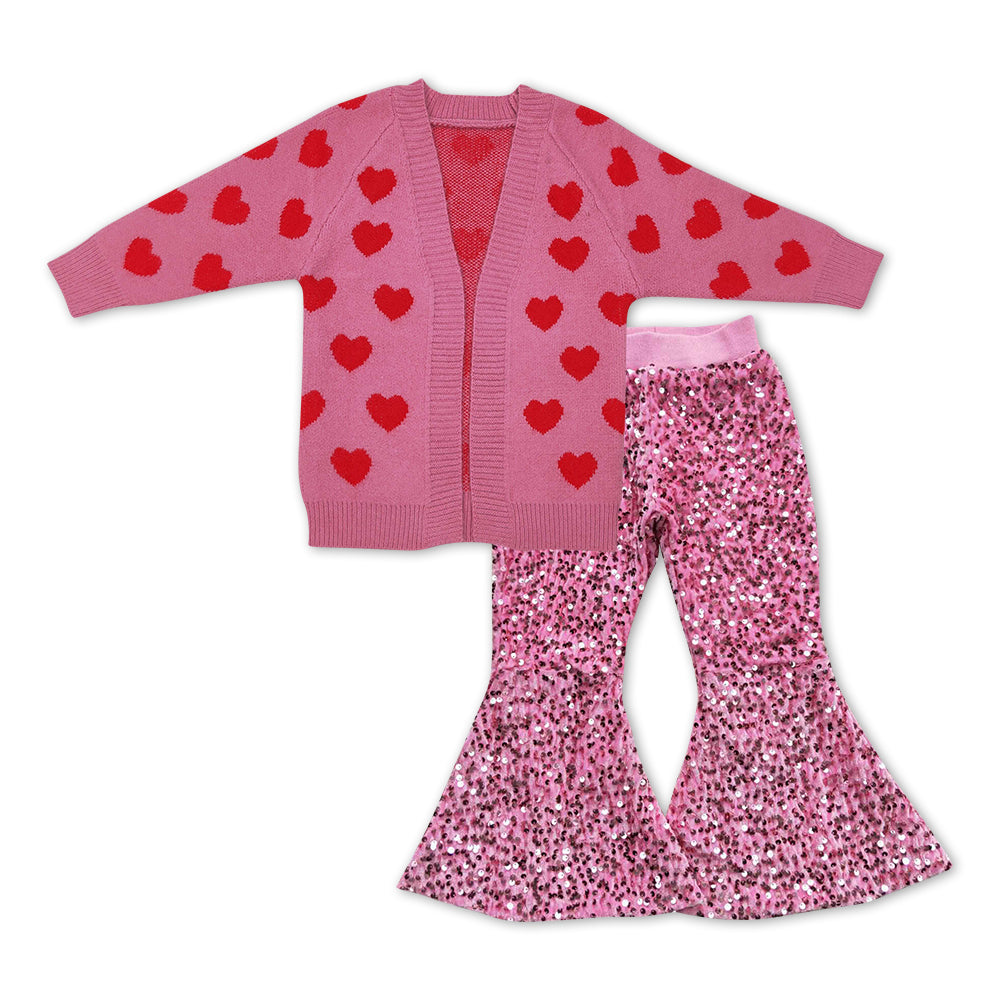GLP1080 Heart Pink Baby Girls Sweater Cardigan Top Pink Sequin Bell Bottom Pants Girls Valentine's Clothes Set