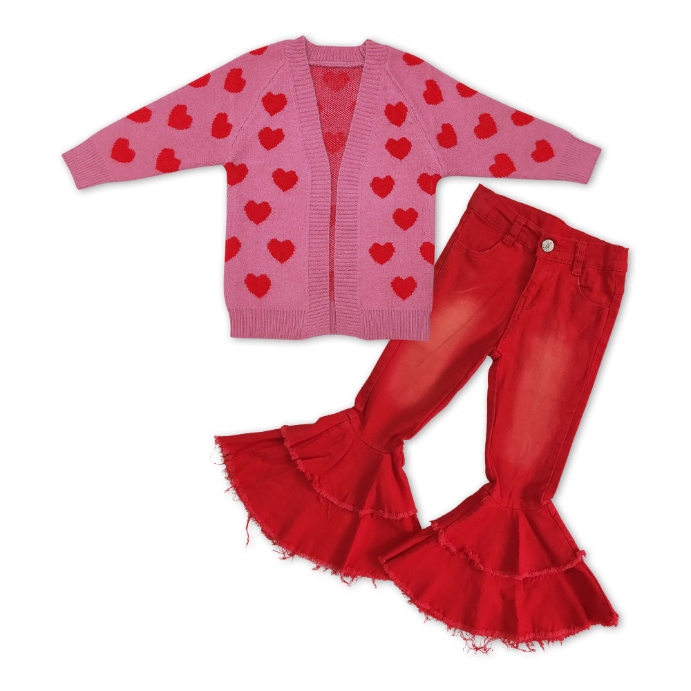 GLP1082 Heart Pink Baby Girls Sweater Cardigan Top Red Denim Bell Bottom Pants Girls Valentine's Clothes Set
