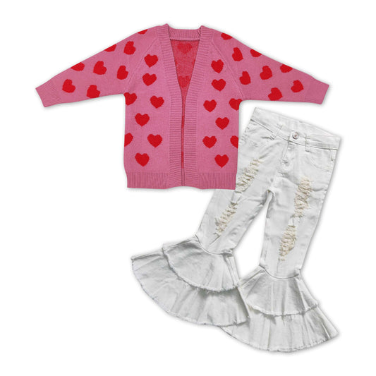 GLP1083 Heart Pink Baby Girls Sweater Cardigan Top White Denim Bell Bottom Pants Girls Valentine's Clothes Set