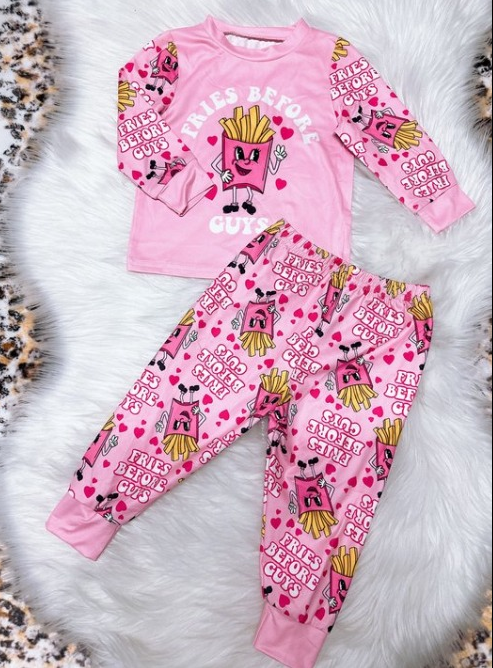 (Pre-order)GLP1084  Fries Before Guys Pink Heart Print Girls Clothes Set