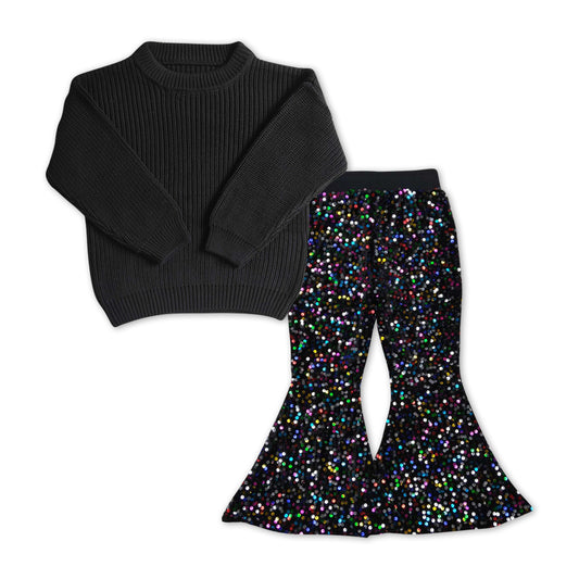 GLP1085 Black Sweater Top Colorful Sequin Bell Bottom Pants Girls Clothes Set