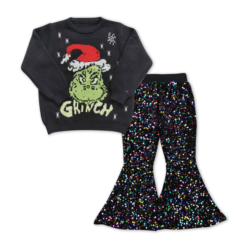GLP1086 Black Christmas Frog Print Sweater Top Colorful Sequin Bell Bottom Pants Girls Christmas Clothes Set