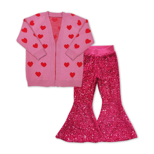 GLP1087 Heart Pink Baby Girls Sweater Cardigan Top Hot Pink Sequin Bell Bottom Pants Girls Valentine's Clothes Set