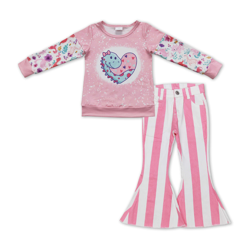 GLP1088 Girls Pink Dinosaur Print Top Pink Stripes Denim Bell Jeans Girls Clothes Set