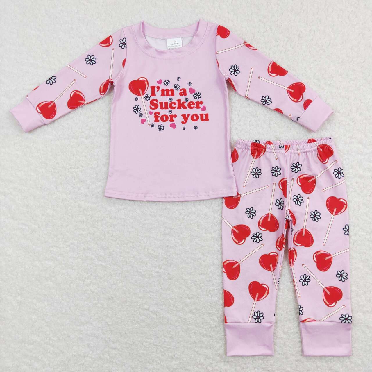 GLP1089 I'm A Sueker For You Heart Lollipop Print Girls Pajamas Valentine's Clothes Set