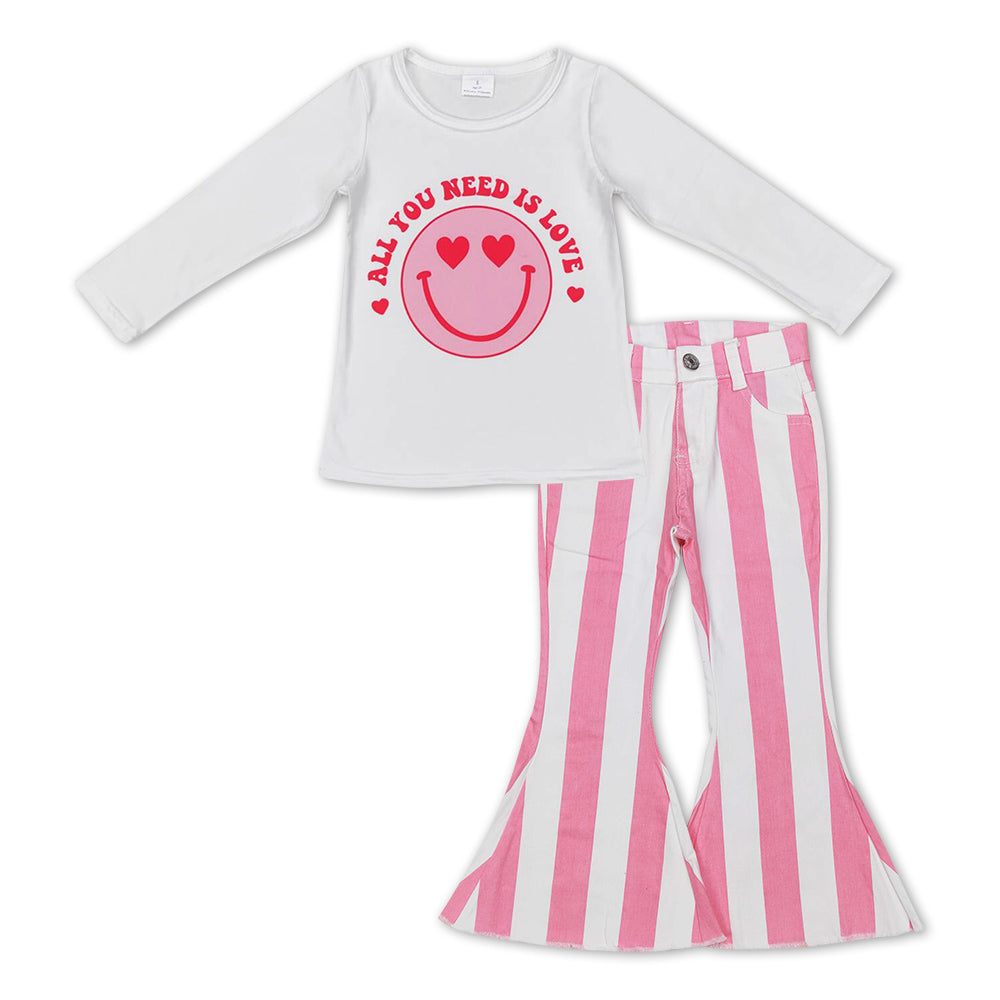 GLP1092 All You Need Is LOVE Smiling Top Pink Stripes Denim Bell Jeans Girls Valentine's Clothes Set