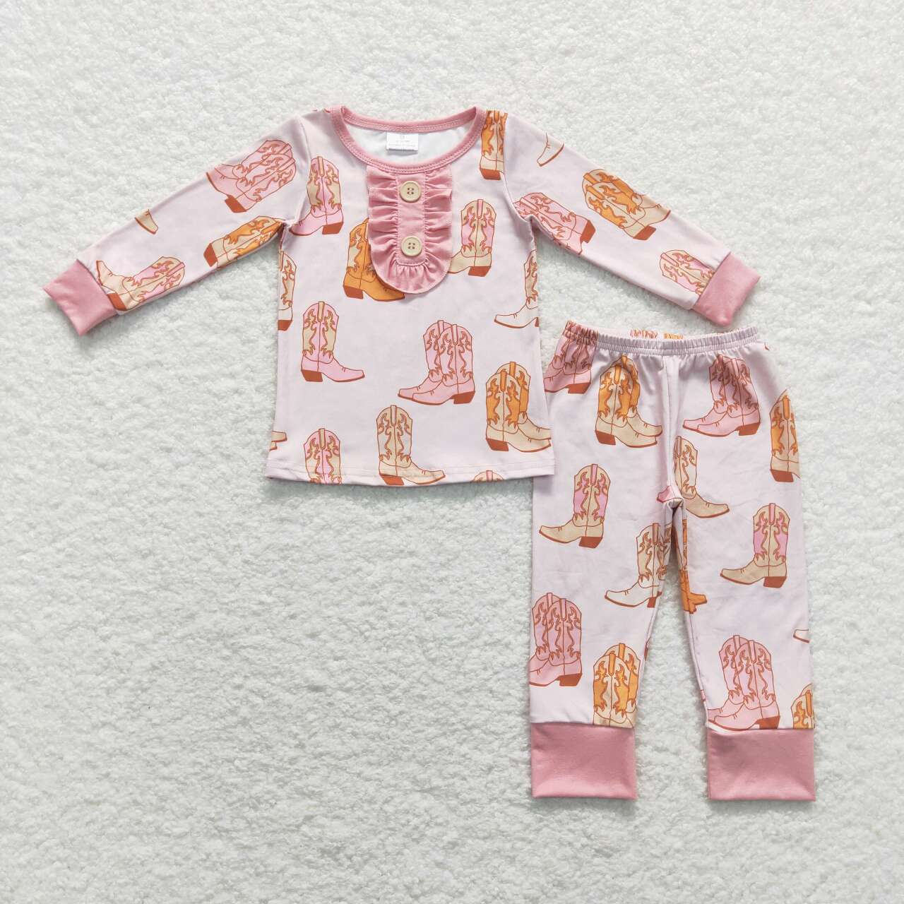 GLP1094 Pink Boots Print Girls Western Pajamas Clothes Set