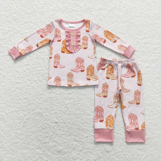 GLP1094 Pink Boots Print Girls Western Pajamas Clothes Set