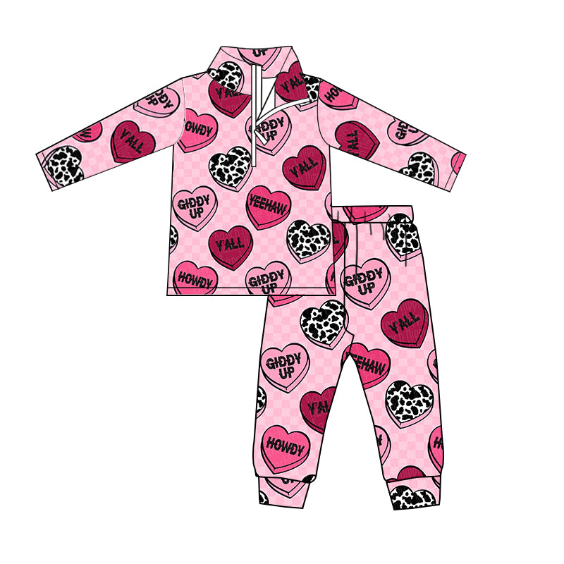 (Pre-order)GLP1103 Howdy Pink Heart Print Girls Valentine's Clothes Set