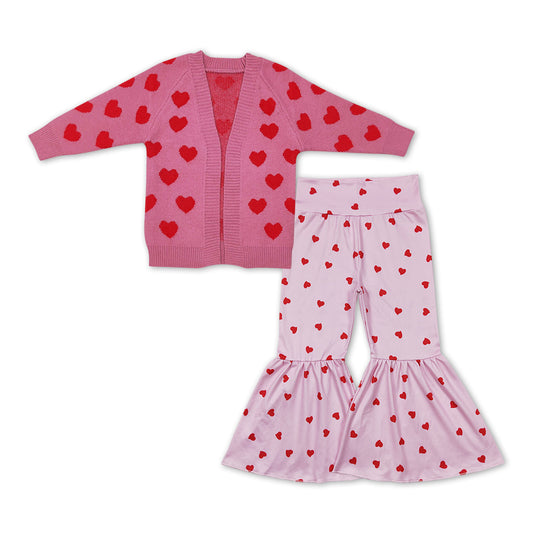 GLP1105 Heart Pink Baby Girls Sweater Cardigan Top Bell Bottom Pants Girls Valentine's Clothes Set