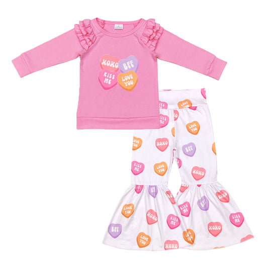 (Pre-order)GLP1113 Colorfule Heart Ruffles Top Bell Pants Girls Valentine's Clothes Set